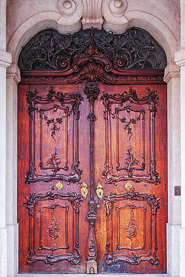 Germany Wall Art featuring the photograph Ornamented Red Wooden Door, Passau, Germany by Tatiana Travelways