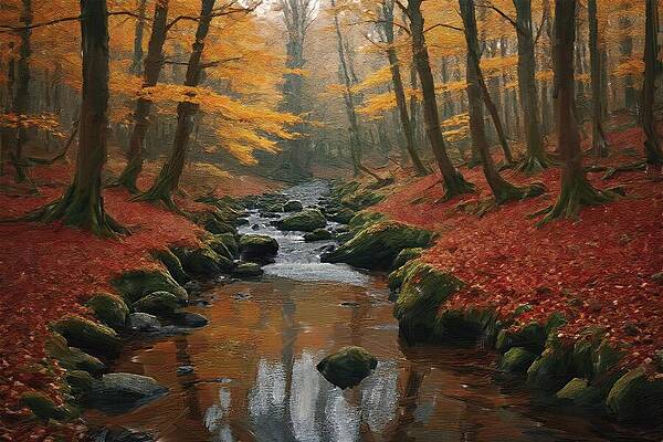 Serene Digital Art - Autumn Stream Painting Oil On Canvas by Nature Oil Painting