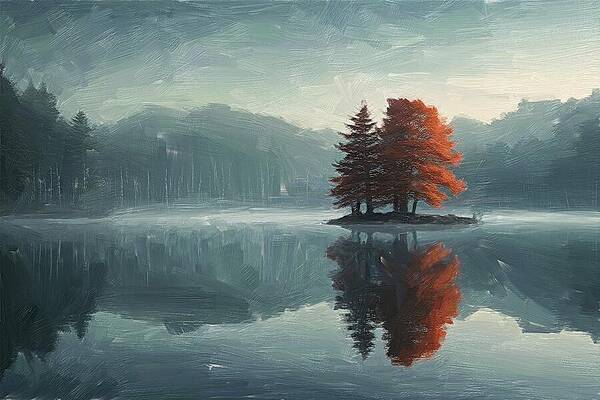 Tree Digital Art - Painting Of A Calm Lake At Dawn by Nature Oil Painting