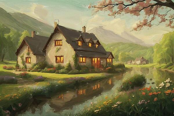 Serene Digital Art - Cottage Painting Oil On Canvas by Nature Oil Painting