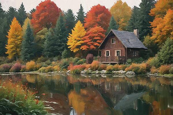 Tree Digital Art - Autumn Cabin Painting by Nature Oil Painting