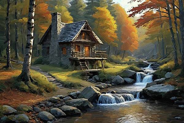 Wall Art featuring the digital art Cabin Painting Oil On Canvas by Nature Oil Painting