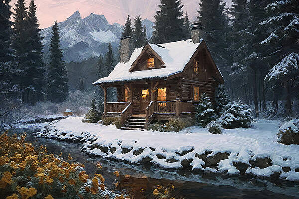 Serene Digital Art - Painting Of A Cozy Winter Cabin by Nature Oil Painting