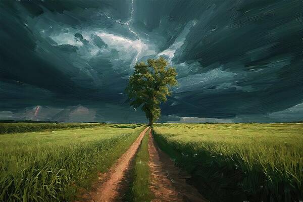 Tree Digital Art - Painting Of A Dramatic Farm Stormy Sky by Nature Oil Painting