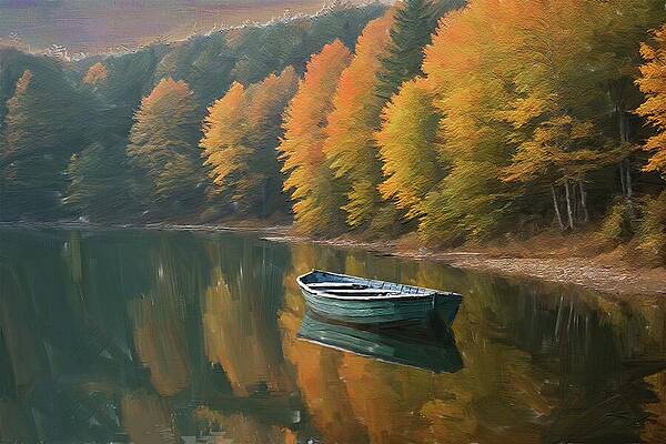 Serene Digital Art - Autumn Lake Painting Oil On Canvas by Nature Oil Painting