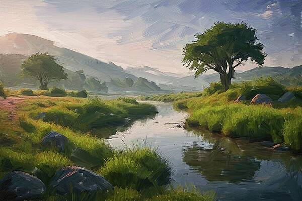 Tree Digital Art - Peaceful Riverside Oil Painting by Nature Oil Painting