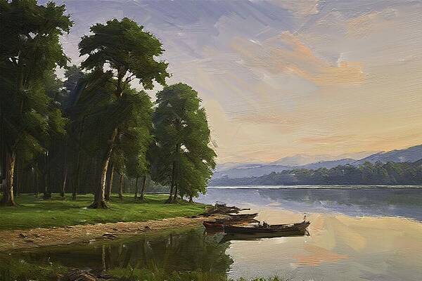 Tree Digital Art - Lakeside Painting Oil On Canvas by Nature Oil Painting