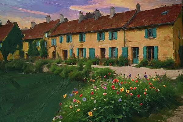 Vibrant Wall Art featuring the digital art Painting Of A Romantic French Old Houses Beside A Pond by Nature Oil Painting
