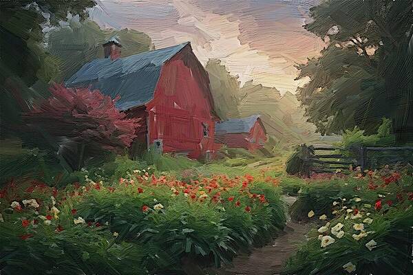 Serene Digital Art - Painting Of A Rustic Old Barn by Nature Oil Painting