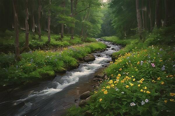 Wall Art featuring the digital art Forest Stream Painting On Canvas by Nature Oil Painting