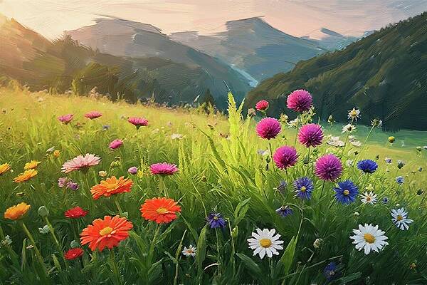 Serene Digital Art - Painting Of A Summer Meadow Wildflowers by Nature Oil Painting
