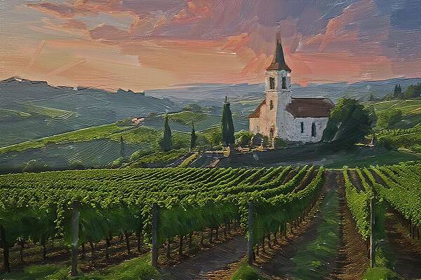 Serene Digital Art - Countryside Vineyard Oil Painting by Nature Oil Painting