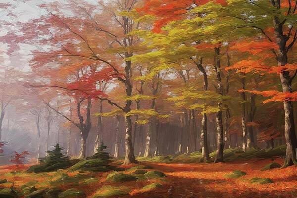 Tree Digital Art - Painting Of A Vibrant Autumn Forest by Nature Oil Painting