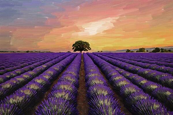 Tree Digital Art - Painting Of A Vibrant Field Of Lavender by Nature Oil Painting