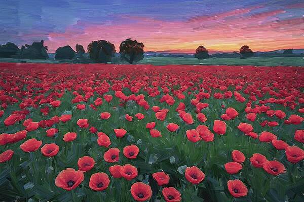 Tree Digital Art - Painting Of A Vibrant Field Of Poppies by Nature Oil Painting