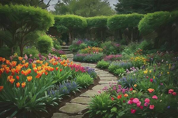 Vibrant Wall Art featuring the digital art Painting Of A Vibrant Springtime Garden by Nature Oil Painting