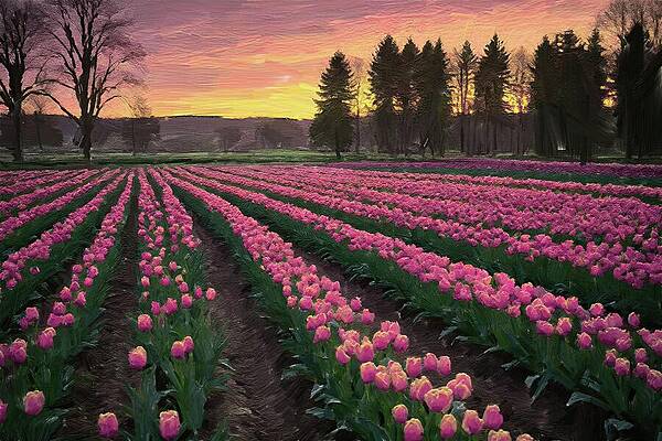Tree Digital Art - Painting Of A Vibrant Tulip Field by Nature Oil Painting