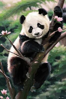 Serene Digital Art - Painting Of Cute Panda In The Tree Branch by Nature Oil Painting