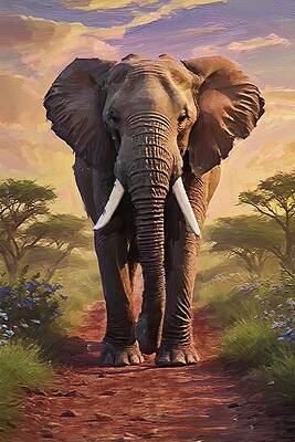 Wildlife Digital Art - Painting Of Gentle Elephant In The Savannah Africa by Nature Oil Painting