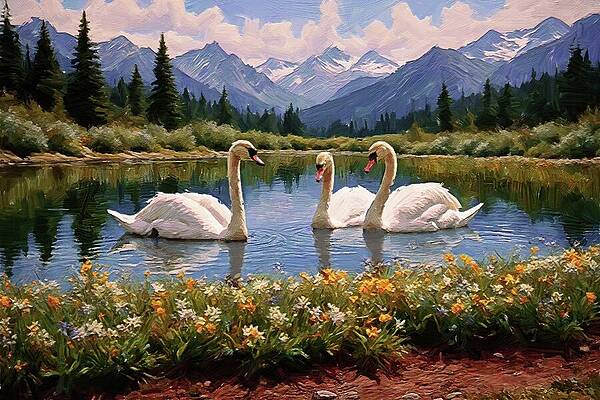 Serene Digital Art - Painting Of Graceful Swans Swimming In The Lake by Nature Oil Painting
