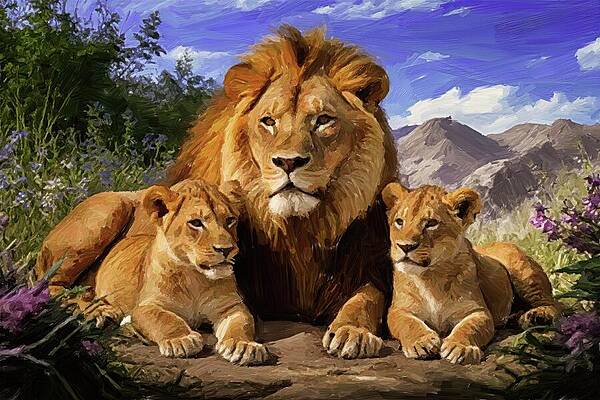 Wildlife Digital Art - Painting Of Majestic Lion Dad With Cubs by Nature Oil Painting