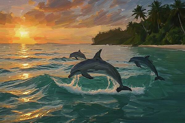 Tree Digital Art - Painting Of Playful Dolphins In The Tropical Ocean Sunset by Nature Oil Painting