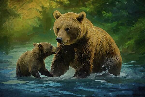 Wildlife Digital Art - Painting Of Playful Mama Bear And Cub by Nature Oil Painting