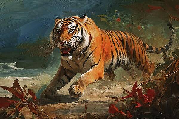 Nature Digital Art - Painting Of Fierce Tiger Beside The River by Nature Oil Painting