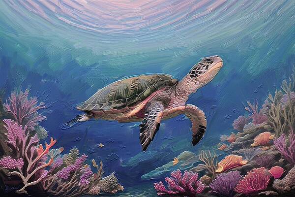 Still Life Digital Art - Painting Of Swimming Turtle Under The Sea by Nature Oil Painting