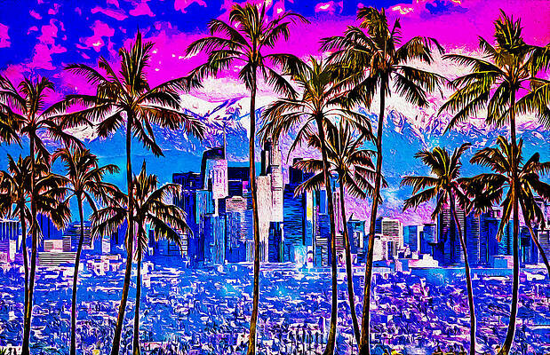 Mountain Wall Art featuring the digital art Palm Trees In Front Of Los Angeles Skyline At Sunset - Digital Painting by Nicko Prints