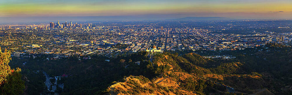 Wall Art featuring the photograph Panorama Of Griffith Observatory And Los Angeles Skyline At Sunset by Miroslav Liska