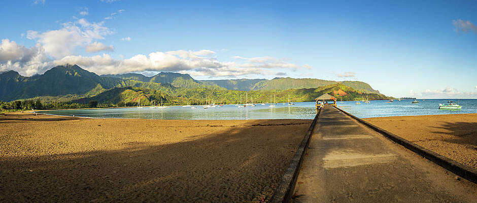 Wall Art featuring the photograph Panorama Of The Sandy Beach And Hanalei Pier At Sunrise by Steven Heap