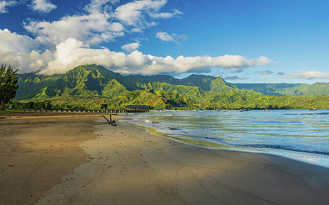 Wall Art featuring the photograph Panorama Of The Sandy Beach At Hanalei With Pier And Bay by Steven Heap