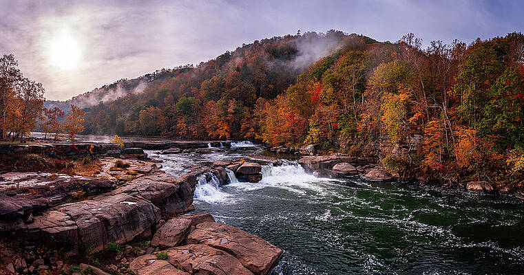 Fall Wall Art featuring the photograph Panoramic Valley Falls On A Misty Autumn Day by Steven Heap