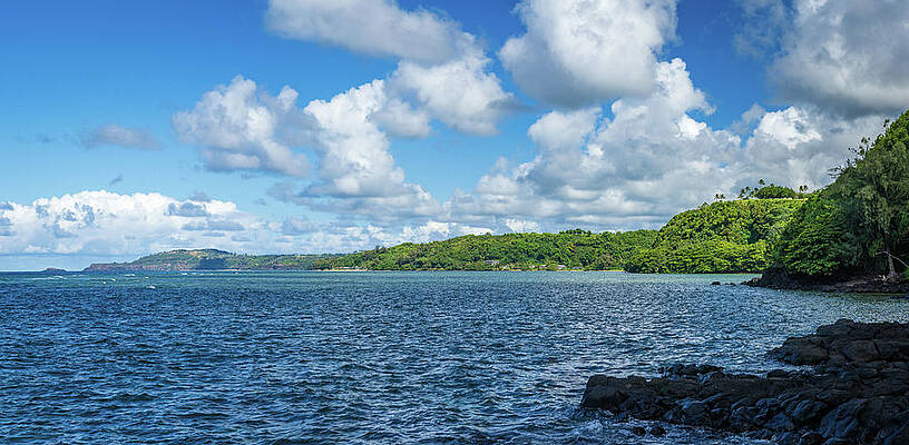 Wall Art featuring the photograph Panoramic View Of Princeville Coastline On Kauai by Steven Heap