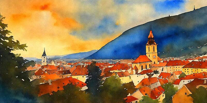Vibrant Wall Art featuring the digital art Panoramic View Of The City Of Brasov, Romania, At Sunset - Watercolor Painting by Nicko Prints