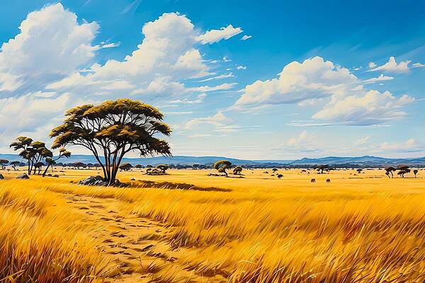 Wildlife Digital Art - Panoramic View Of The Serengeti Plains In Impressionistic Style by Andre Petrov