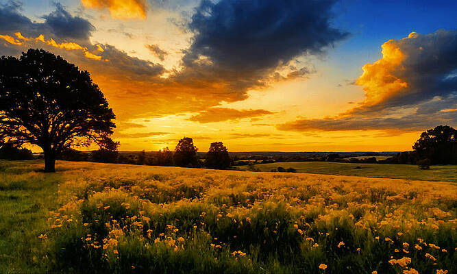 Wall Art featuring the digital art Pasture With A Tree And Wild Flowers Under A Beautiful Sunset Sky - Digital Painting by Nicko Prints