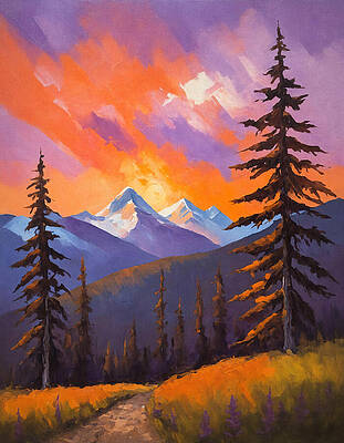 Mountain Wall Art featuring the digital art Path In Fir Forest In The Mountains Under A Beautiful Orange And Purple Sky - Painting by Nicko Prints