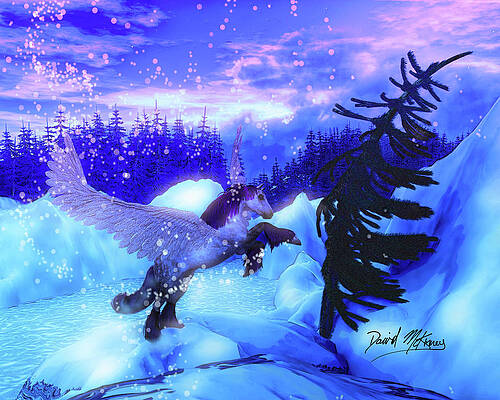 Wall Art featuring the digital art Flying Horse Pegasus Beautiful Snowy Landscape by David McKinney
