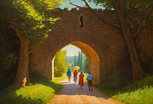 Nature Digital Art - People Walking On A Path Under A Medieval Stone Gate - Digital Painting by Nicko Prints