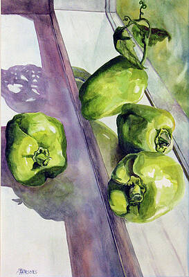 Wall Art featuring the painting Peppers On The Windowsill by Sheila Parsons