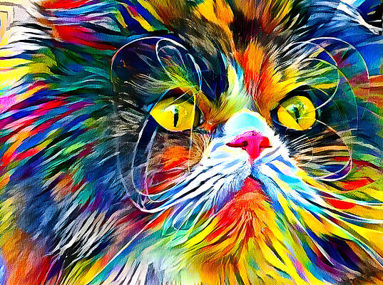 Vibrant Wall Art featuring the digital art Persian Cat With Long Whiskers Close-up - Colorful Zebra Pattern Painting by Nicko Prints