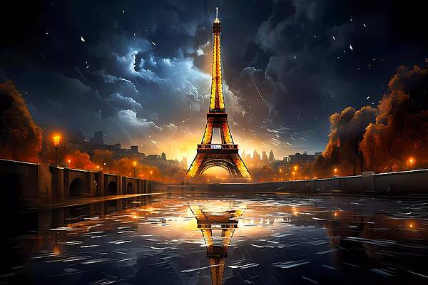 Atmospheric Wall Art featuring the digital art Photorealistic Image - Eiffel Tower At Night With Dramatic Lighting No 1 by Andre Petrov