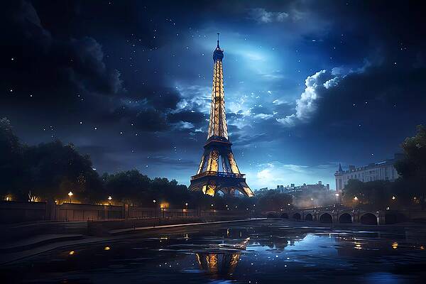 Atmospheric Wall Art featuring the digital art Photorealistic Image - Eiffel Tower At Night With Dramatic Lighting No 2 by Andre Petrov