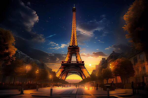 Atmospheric Wall Art featuring the digital art Photorealistic Image - Eiffel Tower At Night With Dramatic Lighting No 3 by Andre Petrov