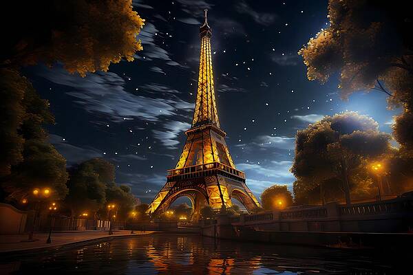 Atmospheric Wall Art featuring the digital art Photorealistic Image - Eiffel Tower At Night With Dramatic Lighting No 4 by Andre Petrov