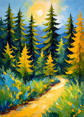 Wall Art featuring the digital art Pine Forest Path - Impressionist Painting by Nicko Prints