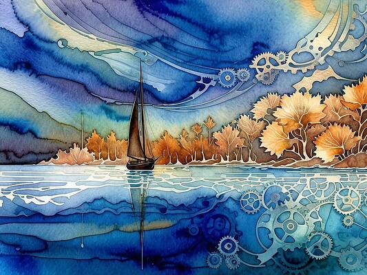 Ocean Wall Art featuring the digital art Pirate Sailboat, Mechanical World by Eris And AI