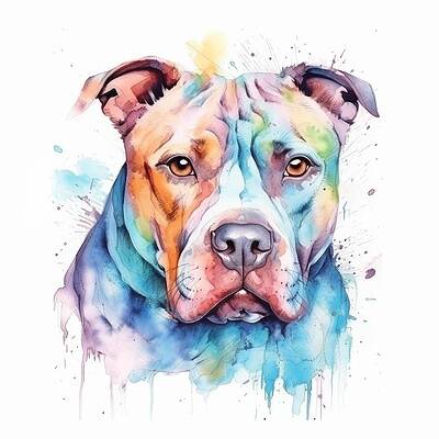 Portrait Painting - Pitbull Watercolor Portrait by Land of Dreams